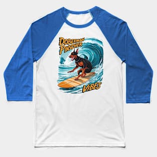 Doberman Pinscher Surfer Riding Tropical Wave Baseball T-Shirt